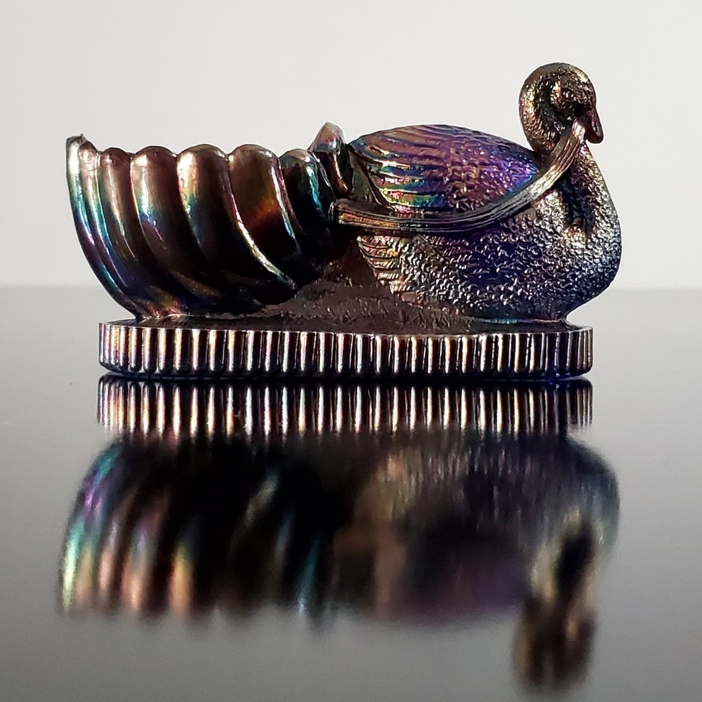 Vntg. St. Clair Blue Carnival Glass Swan Salt Dip Cellar / Trinket Dish